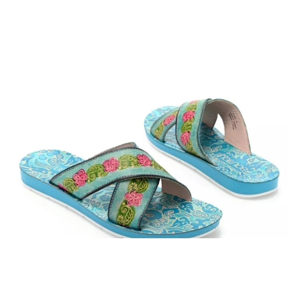 BOUTIQUE BY CORKY'S "JUDE" LEATHER HAND PRINTED DOUBLE STRAP SLIP ON SANDALS